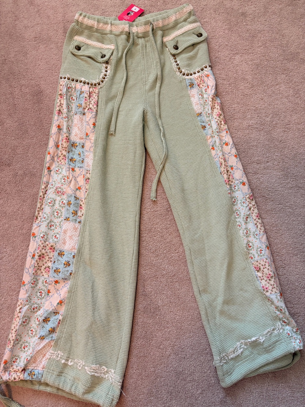 POL Sage Green Patchwork Boho Wide-Leg Pants